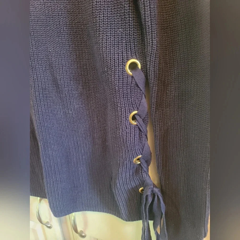 Michael Kors Blue Chunky Rib Knit Side Tie Long Sleeve Sweater